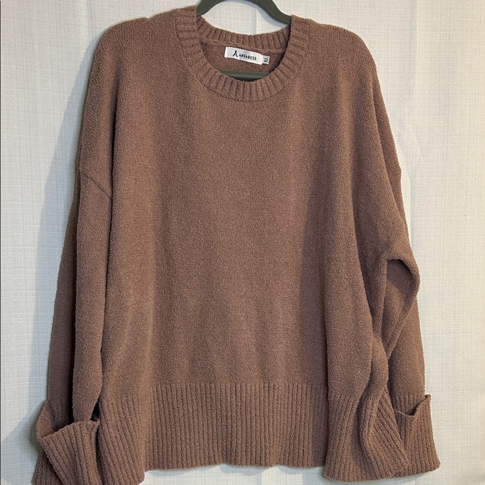 Women's fuzzy knit chunky oversized long sleeve Crew Neck Sweater nutmeg brown